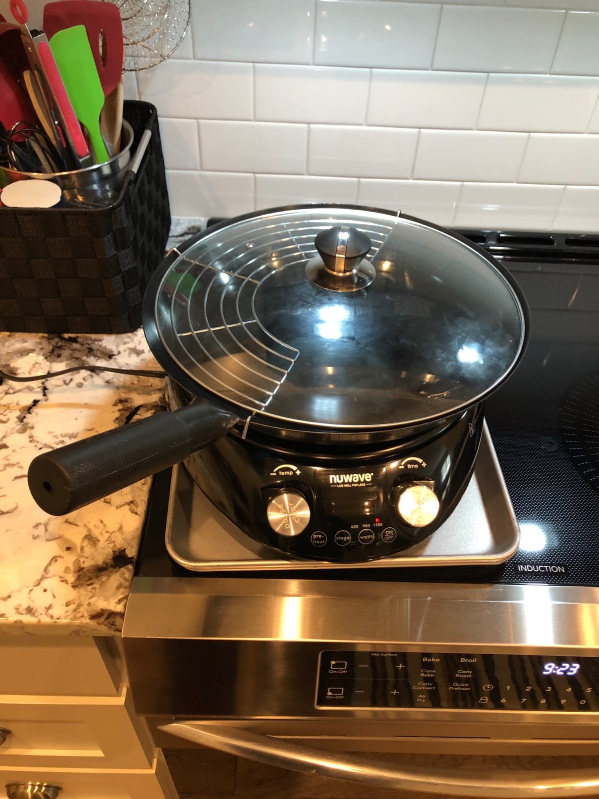 Nuwave Mosaic Induction Wok, Precise Temp Controls from 100°F-575°F in 5°F | Wok Hei, Infuse Complex Charred Aroma & Flavor, 3 Watts 600, 900 & 1500, Authentic 14-inch Carbon Steel Wok Included, Black customer photo 1