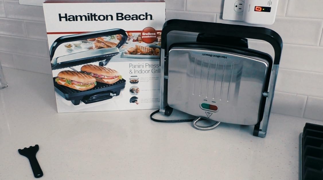 Hamilton Beach Panini Press, Sandwich Maker & Electric Indoor Grill | Floating Hinge Evenly Cooks Any Sandwich | Locking Lid | PFAS-Free Non-Stick 8