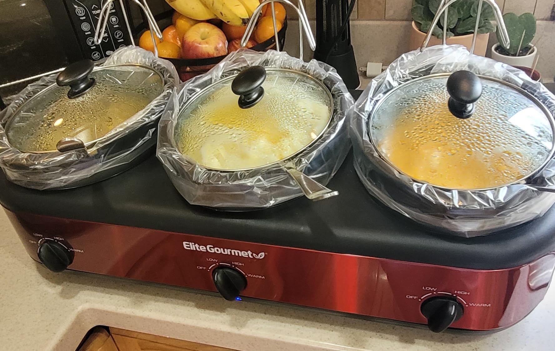 Elite Gourmet EWMST-325R Triple Slow Cooker Buffet Server, 3 x 2.5 Qt, Red | Adjustable Temp, Dishwasher-Safe Oval Ceramic Pots with Lid Rests - Great for Parties & Entrees customer photo 1