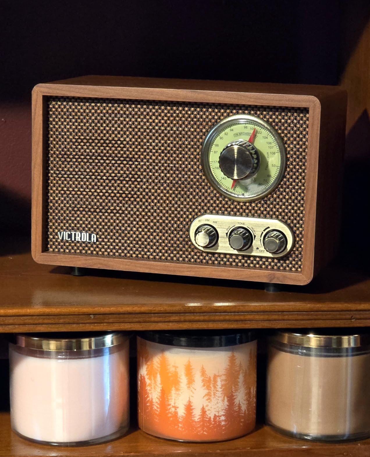 Victrola Willow - Retro Wood Bluetooth Radio, AM/FM - Walnut | Compact wood tabletop radio, analog AM/FM rotary dial, Bluetooth streaming, built-in speakers, bass and treble controls customer photo 2