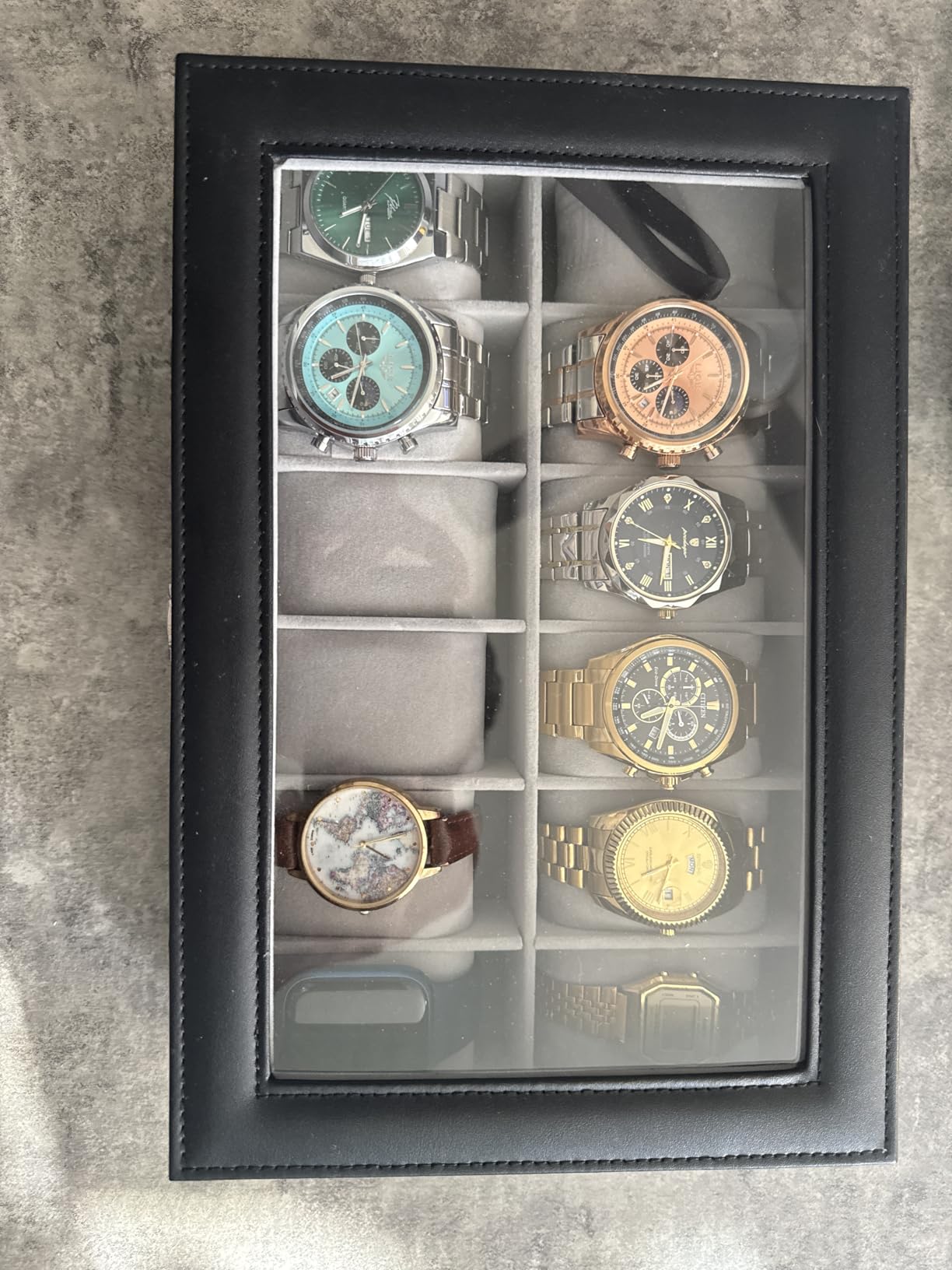 SONGMICS Watch Box, 12-Slot Watch Case Organizer with Large Glass Lid, Removable Pillows, Black Synthetic Leather customer photo 1