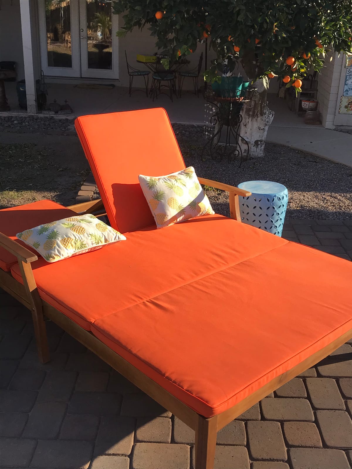 Christopher Knight Home Samantha Double Chaise Lounge for Yard and Patio, Acacia Wood Frame, Teak Finish with Blue Cushions customer photo 2