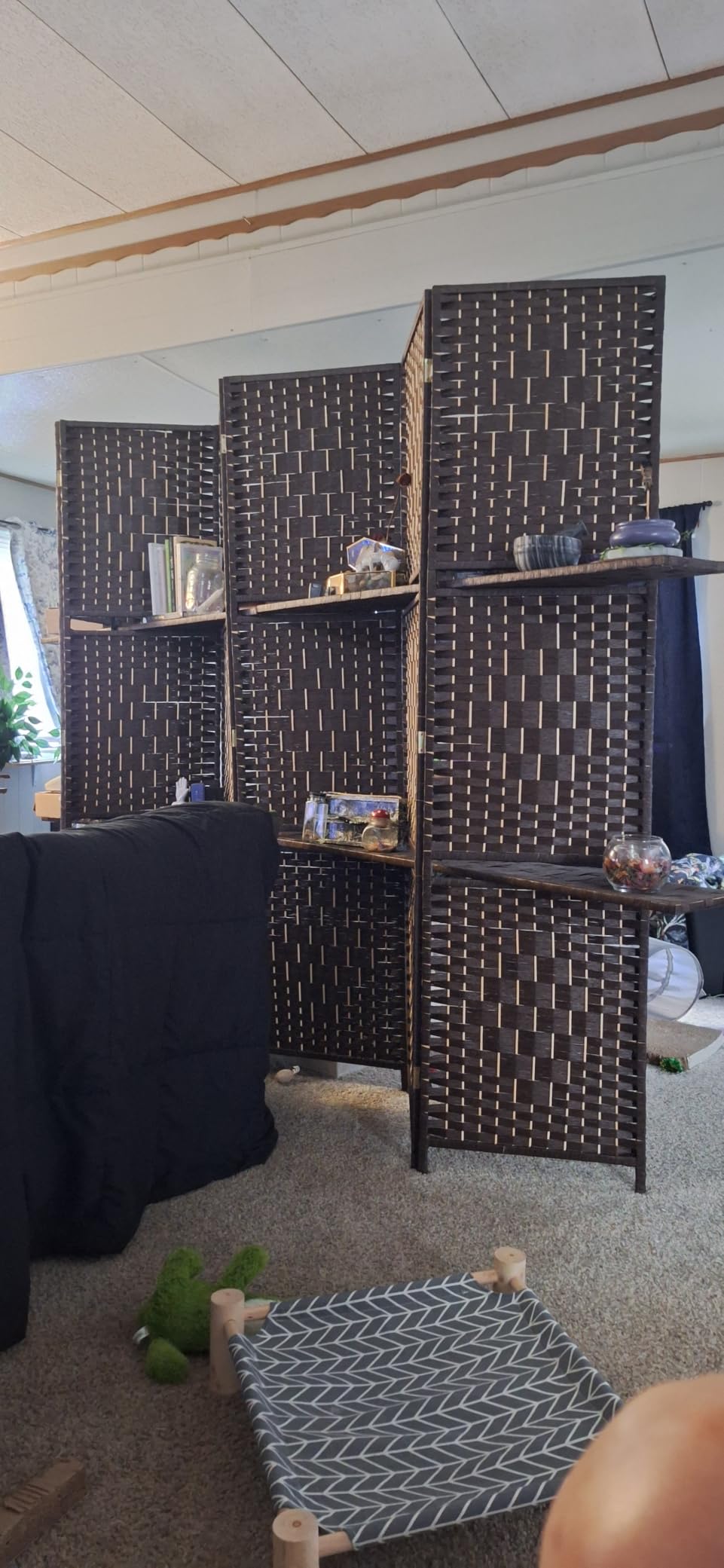 FDW | 4 Panel Folding Room Divider with Shelves | 5.9ft, Brown | Wooden Wall Divider | Hand Woven Mesh, Portable & Foldable | Easy to Move | For Space Separation, Living Room, Bedroom customer photo 1