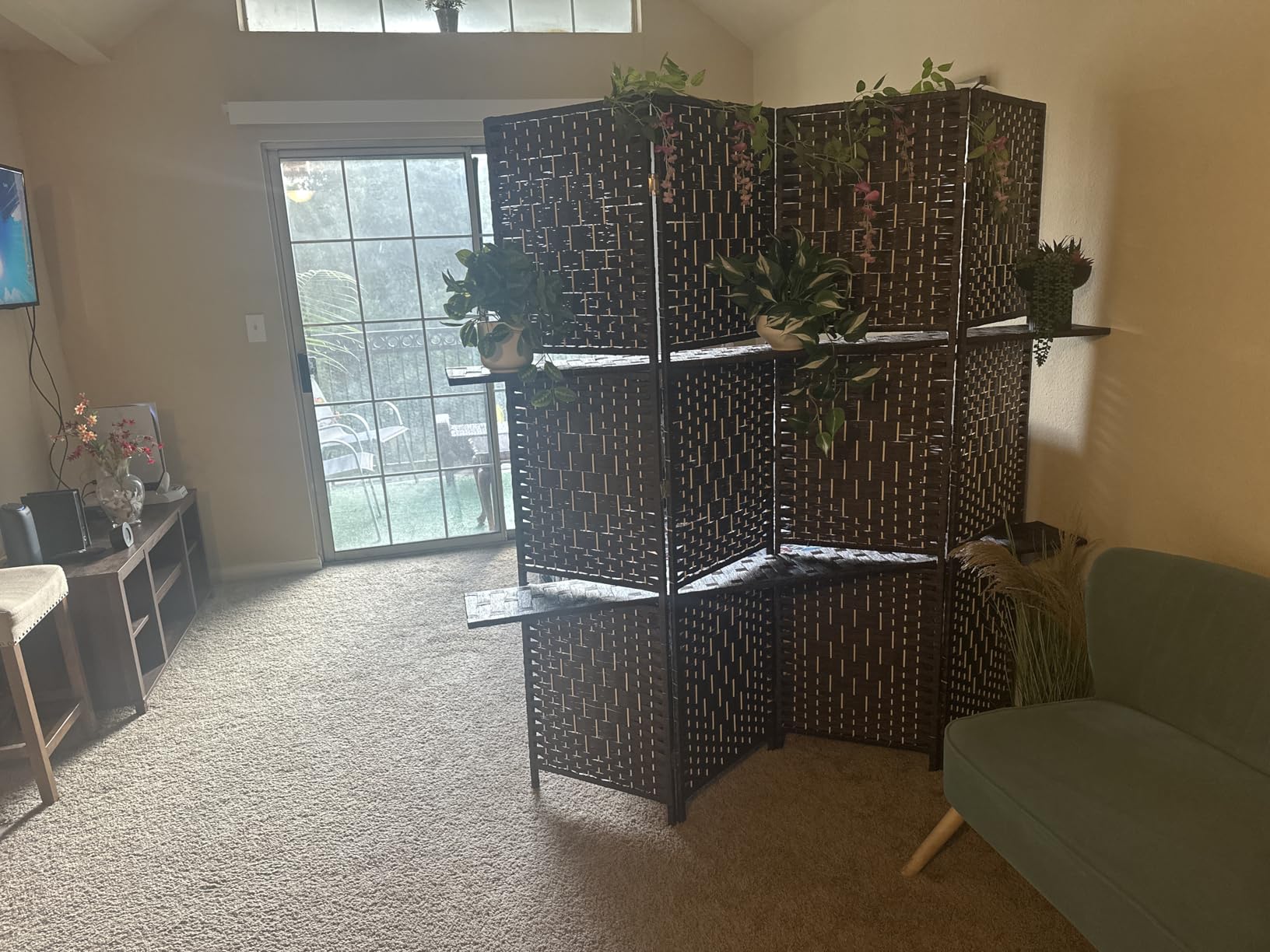 FDW | 4 Panel Folding Room Divider with Shelves | 5.9ft, Brown | Wooden Wall Divider | Hand Woven Mesh, Portable & Foldable | Easy to Move | For Space Separation, Living Room, Bedroom customer photo 2