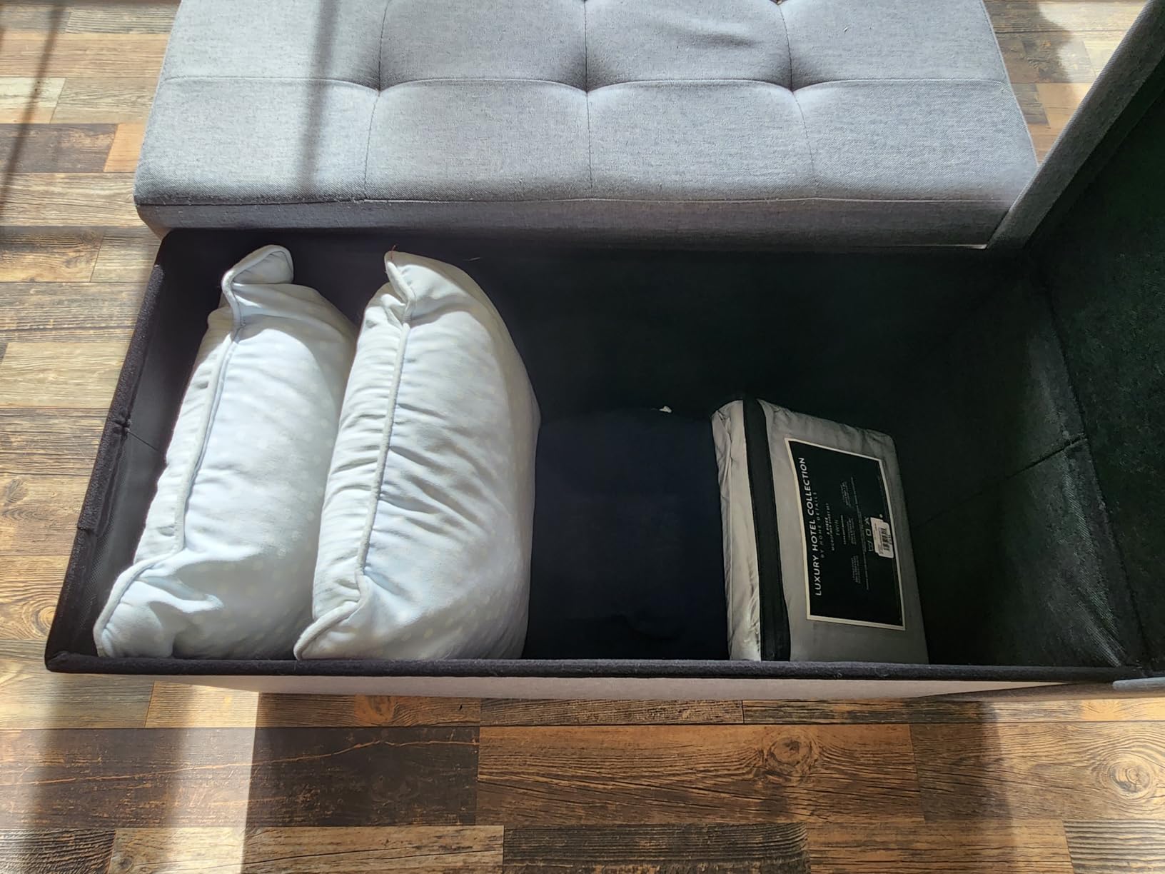 SONGMICS MAZIE Collection - 43 Inches Folding Storage Ottoman Bench, Ottoman Foot Rest, End of Bed Bench, Storage Chest, Load 660 lb, for Living Room, Bedroom, Entryway, Dark Gray ULSF77K customer photo 1