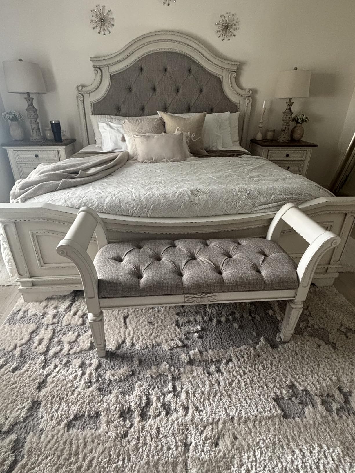 Signature Design by Ashley Realyn Upholstered Accent Bench, Antique White | 100% polyester tufted cushion, Antiqued white finish, Wood frame, Scrolled arms, Entryway or bedroom use customer photo 2