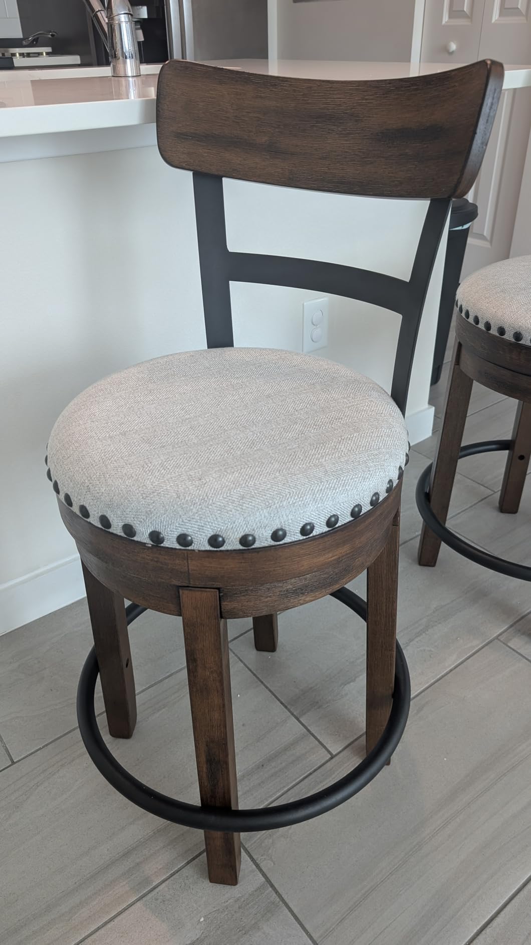 Signature Design by Ashley Valebeck Counter Height Bar Stool, Brown | Rustic-industrial wood and metal stool, Cushioned comfort, Tailored nailhead trim, Smooth 360-degree swivel customer photo 2