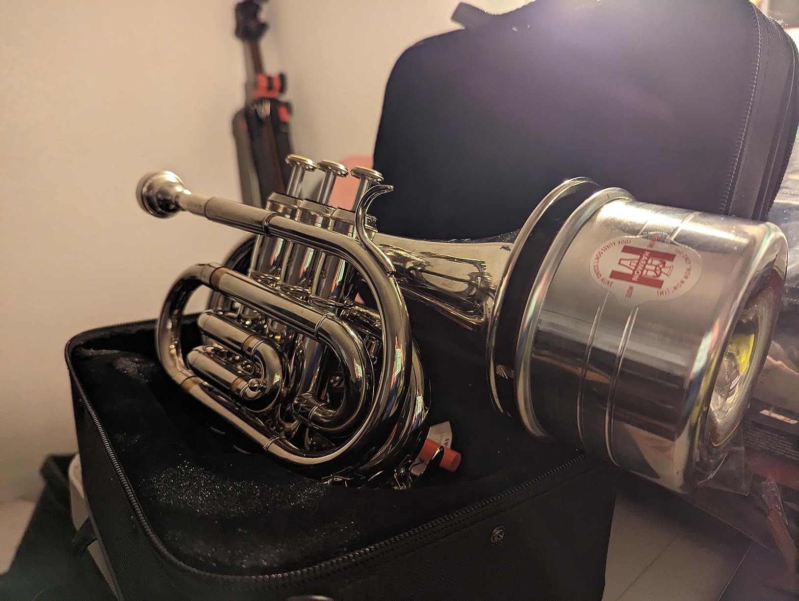 Eastar Pocket Trumpet B Flat for Beginners Students, Brass Trumpet Mouthpiece 7C, Cleaning Kit, Hard Case, Gloves, ETR-330N, Nickel customer photo 1