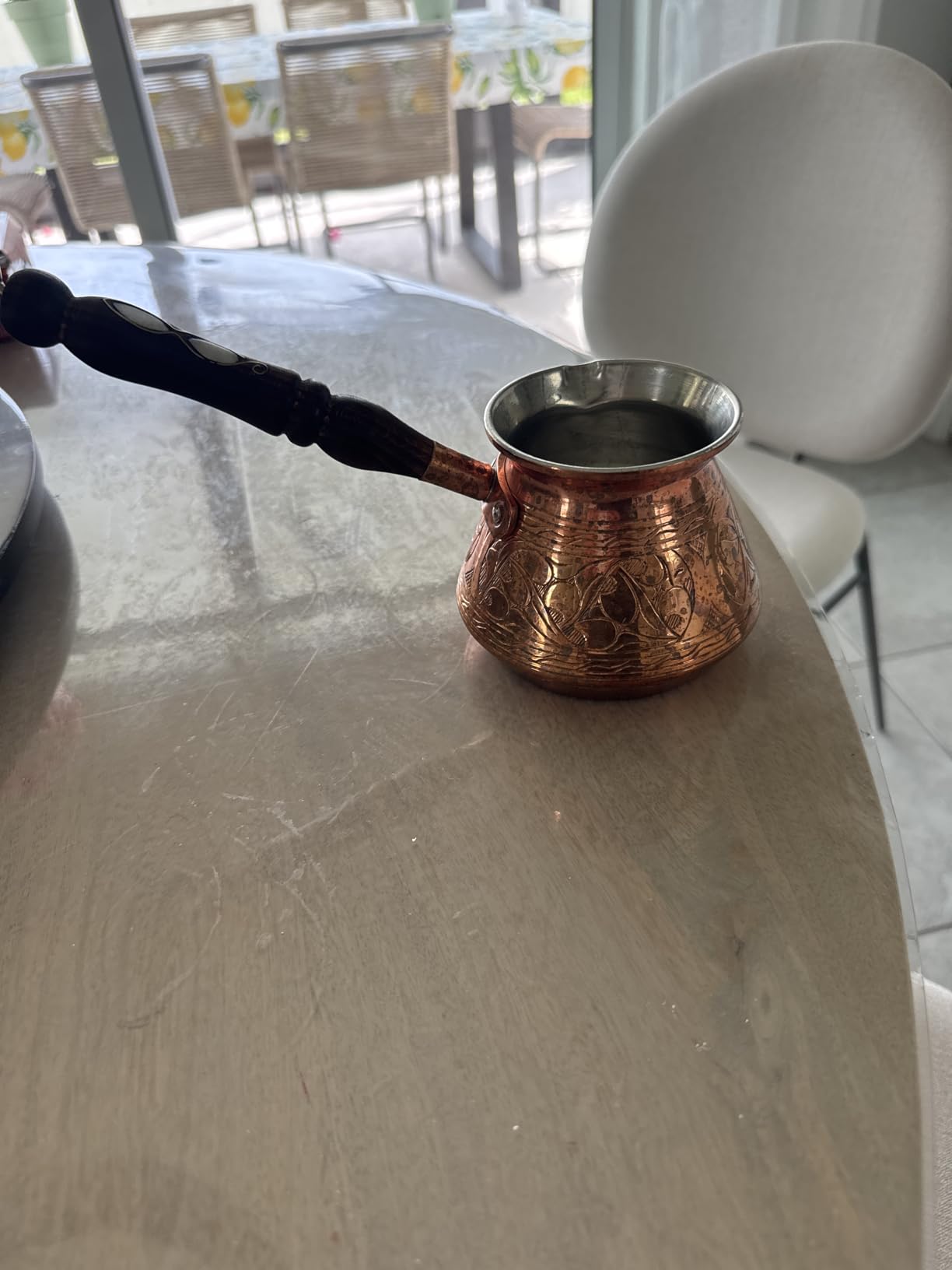 DEMMEX Copper Turkish Coffee Pot Cezve Ibrik Greek Coffee Briki Stovetop Coffee Maker with Wooden Handle & Spoon, 1mm Thick Copper, Handmade & Engraved in TURKEY, 9 fl Oz - 3 Servings customer photo 1