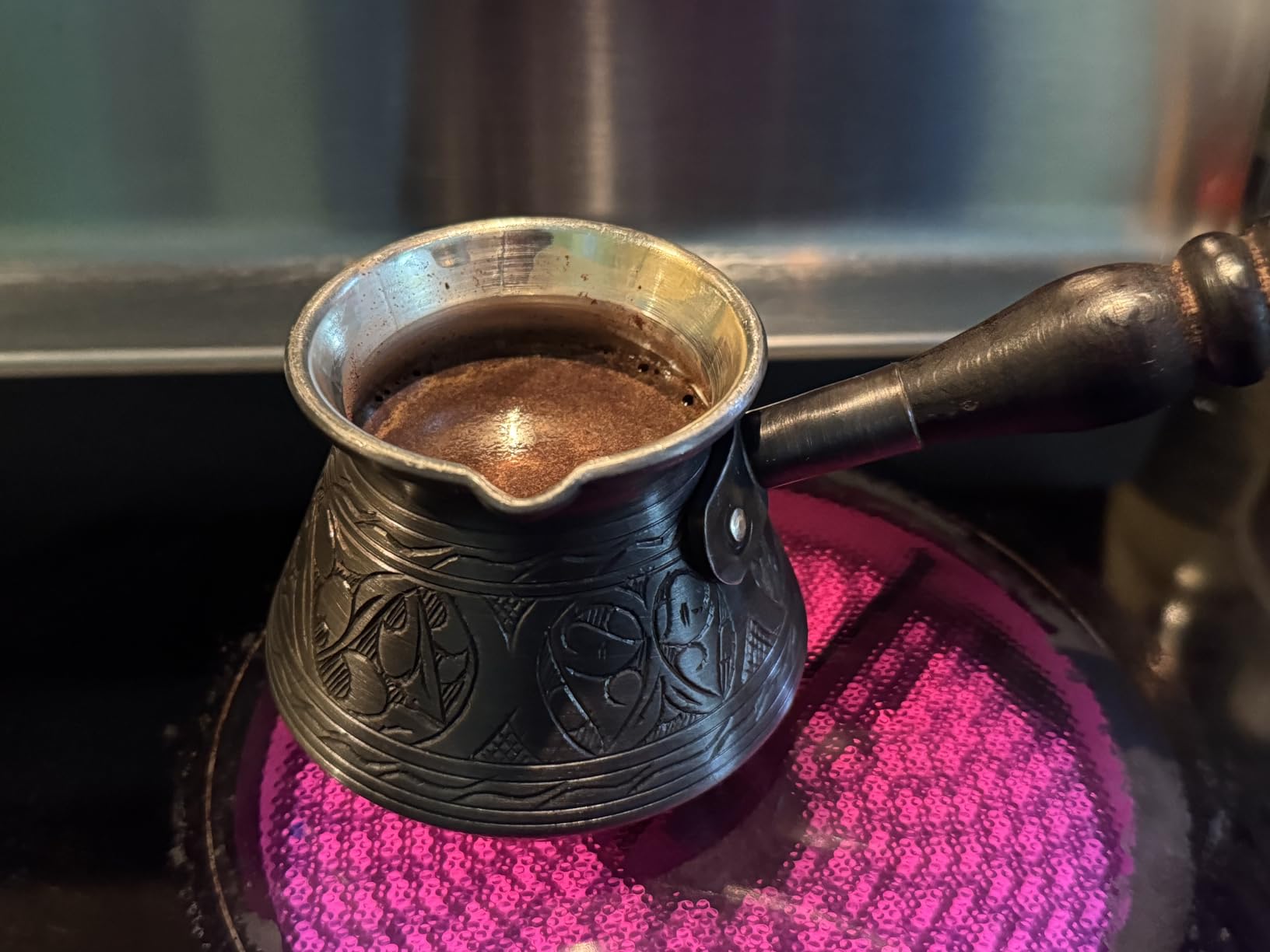 DEMMEX Copper Turkish Coffee Pot Cezve Ibrik Greek Coffee Briki Stovetop Coffee Maker with Wooden Handle & Spoon, 1mm Thick Copper, Handmade & Engraved in TURKEY, 9 fl Oz - 3 Servings customer photo 2