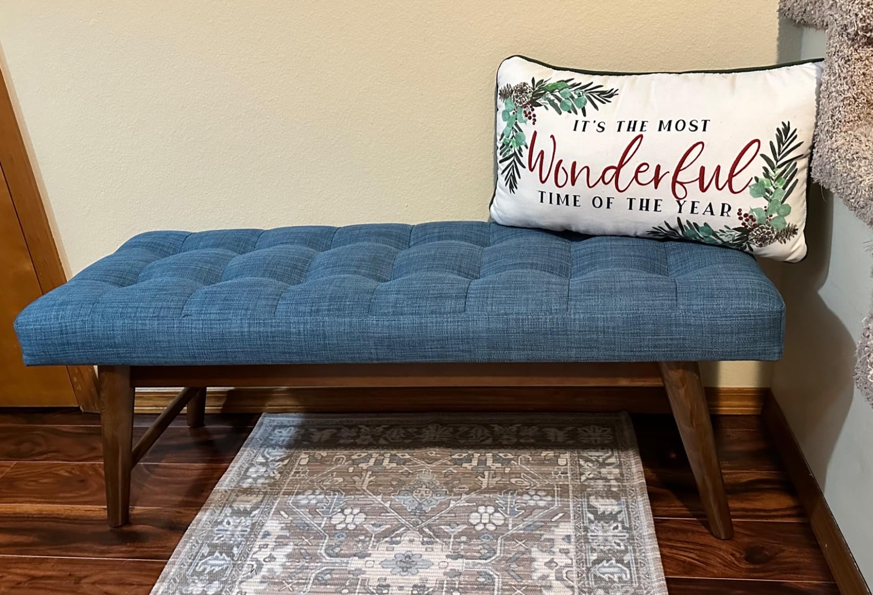 Amazon Basics Modern Haraden Upholstered Button-Tufted Bench, Blue, 16 x 44 x 17 in customer photo 2