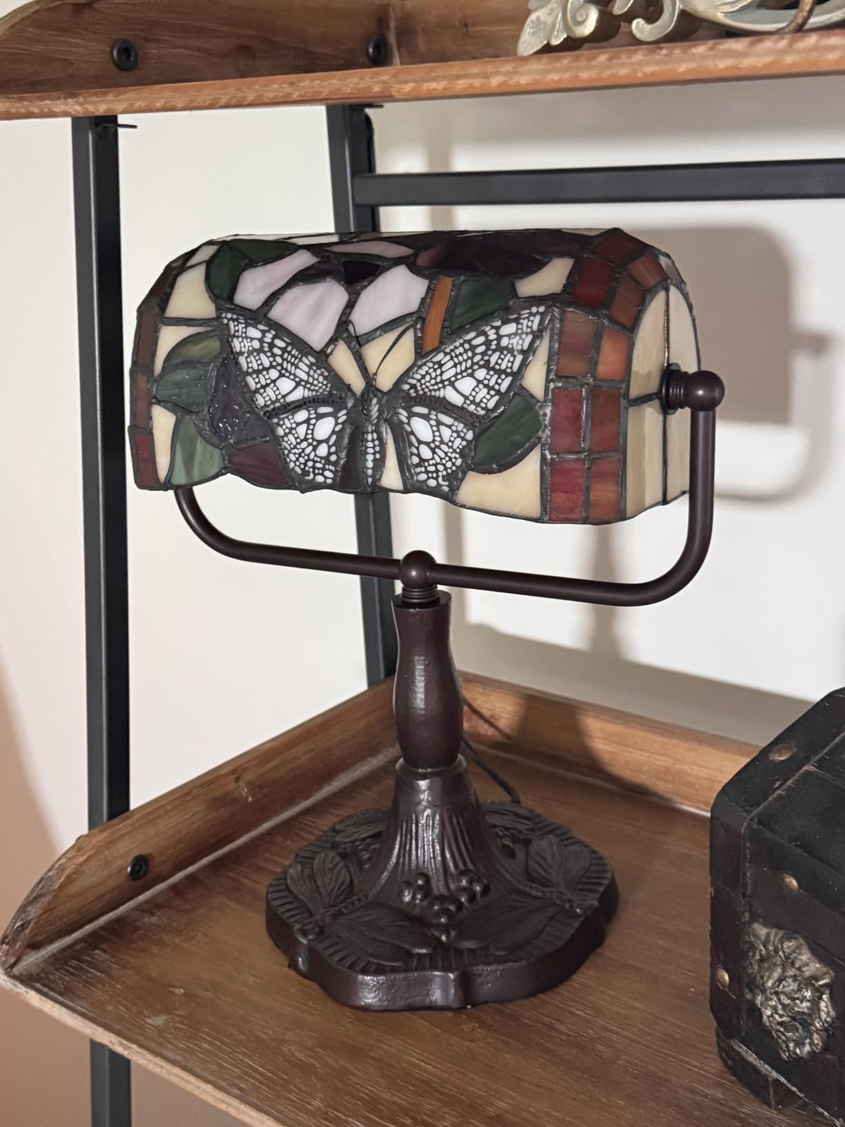 Lavish Home Tiffany Style Bankers Desk Lamp with Stained Glass Shade, Brown | Butterfly Design Stained Glass Lamp with LED Bulb, Vintage Piano or Desk Light for Home Office, Bedroom, Living Room customer photo 2