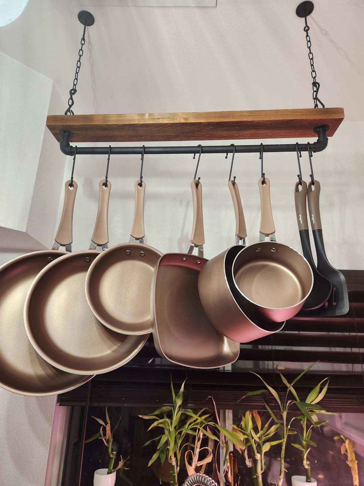 MyGift 30 Inch Ceiling or Wall Mounted Pot Rack with Rustic Brown Solid Wood Shelf and Industrial Matte Black Metal Pipe, Hanging Cookware Utensils Organizer with 8 S-Hooks customer photo 1