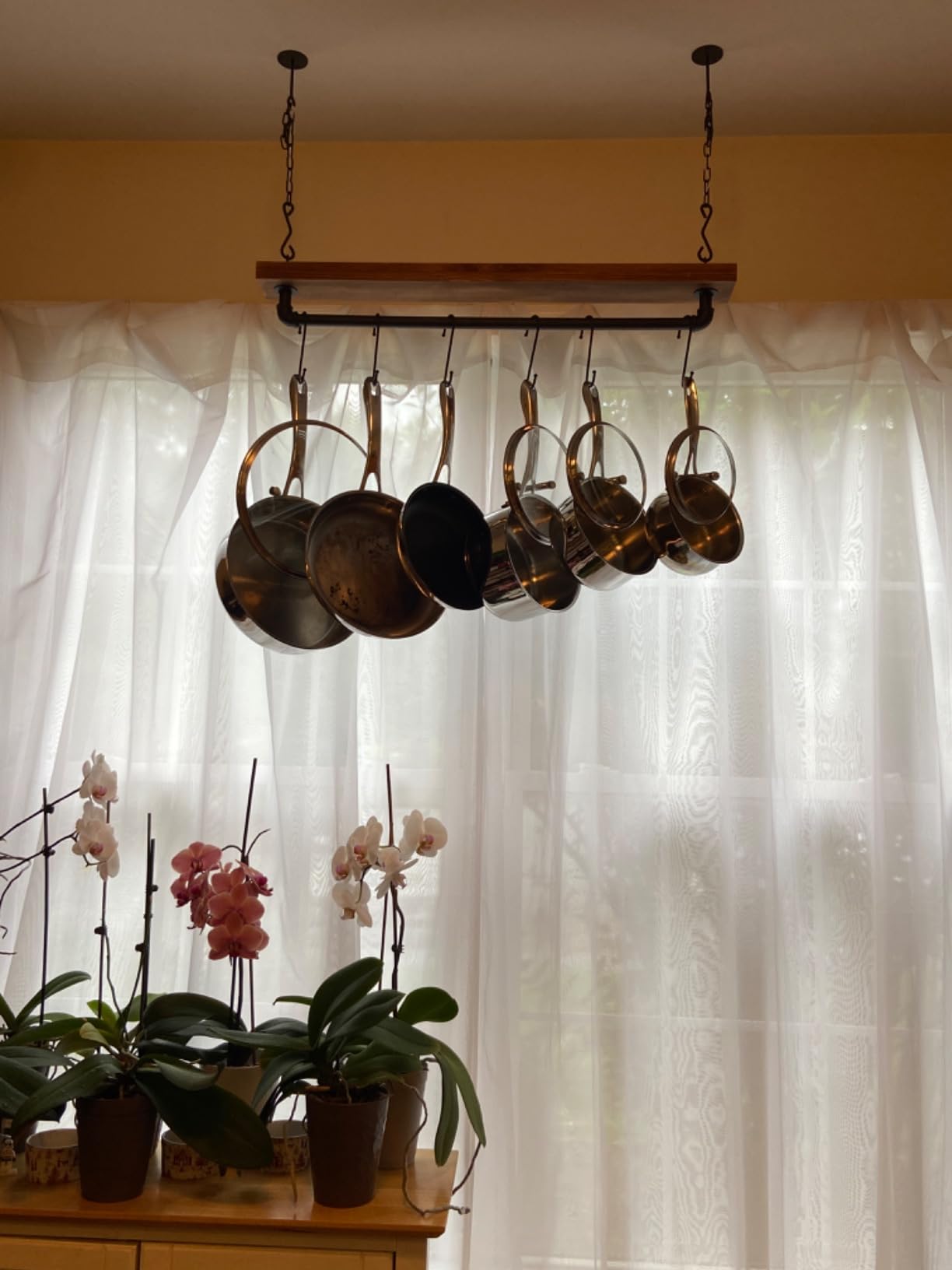 MyGift 30 Inch Ceiling or Wall Mounted Pot Rack with Rustic Brown Solid Wood Shelf and Industrial Matte Black Metal Pipe, Hanging Cookware Utensils Organizer with 8 S-Hooks customer photo 2