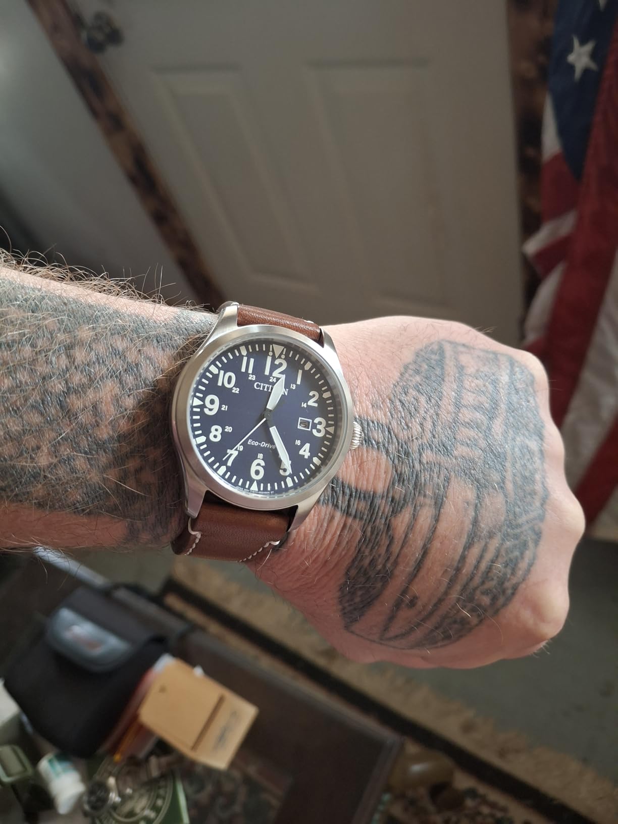 Men's Sport Casual Garrison 3-Hand Date Eco-Drive Leather Strap Watch, Arabic Markers, Stainless Steel, Field Watch customer photo 1