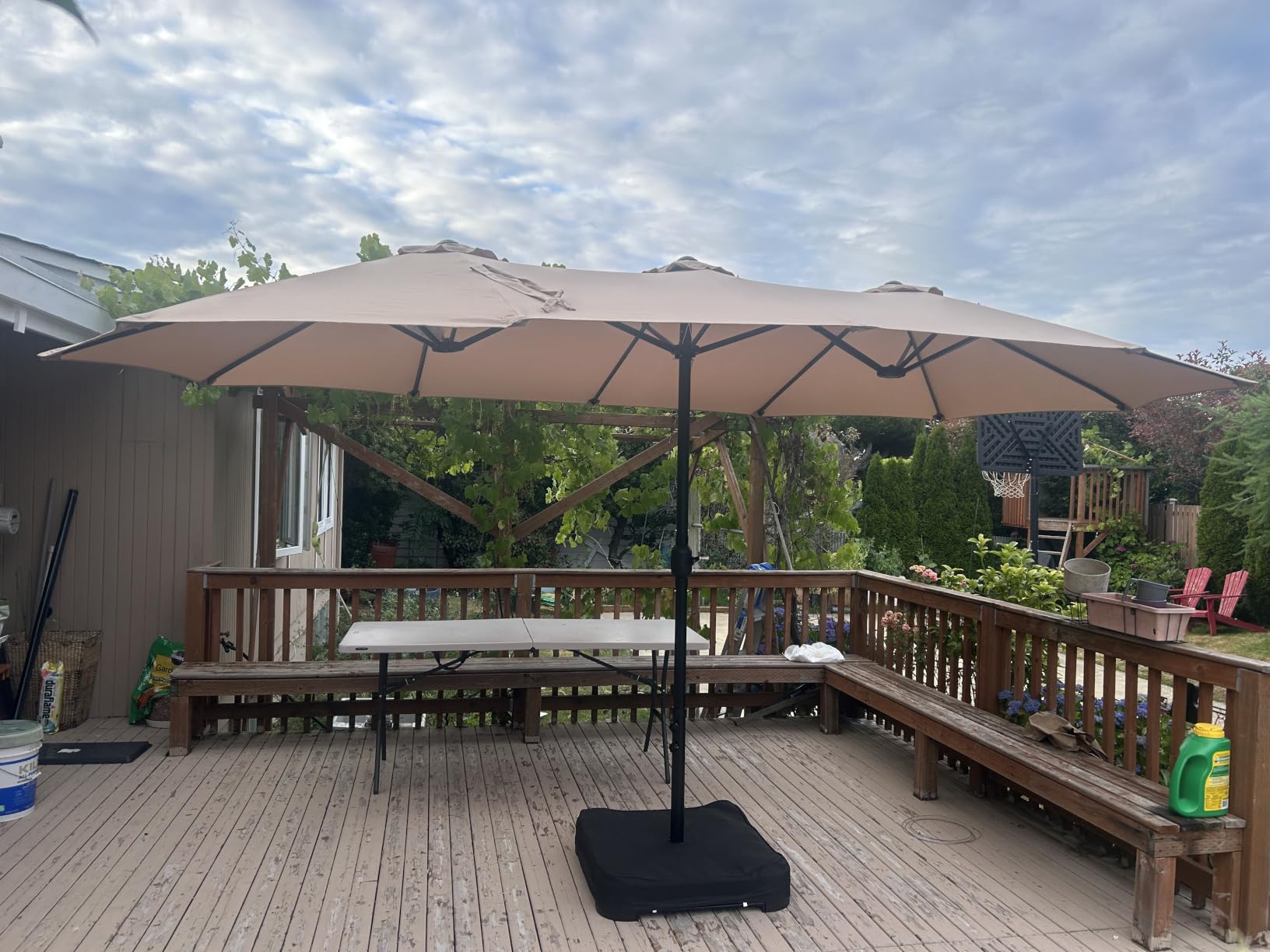 PHI VILLA 15ft Large Outdoor Patio Umbrella with Base Included, Beige - Big Rectangle/Rectangular Market Table Umbrellas w/Stand, Double-Sided Giant Triple Head for Poolside Backyard, UV Resistant customer photo 1