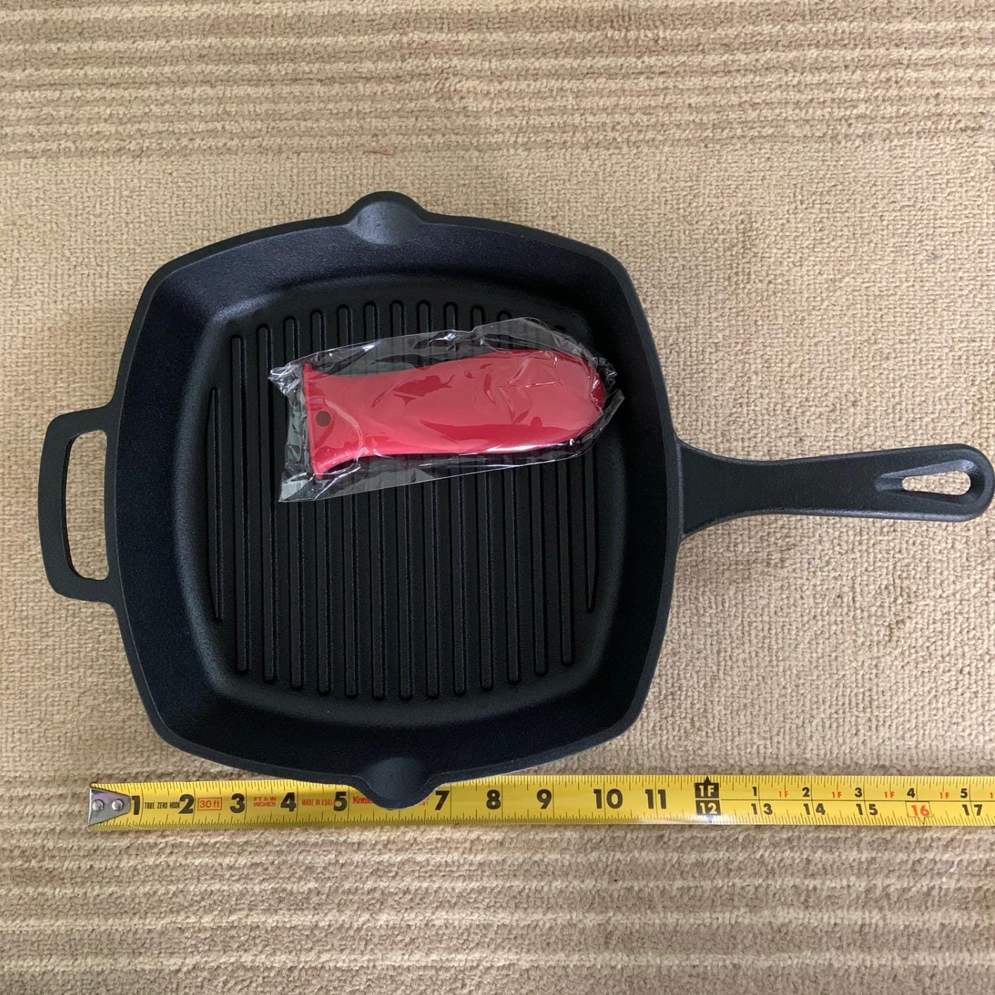 Cuisinel Cast Iron Square Grill Pan + Glass Lid + Pan Scraper + Handle Cover - 10.5