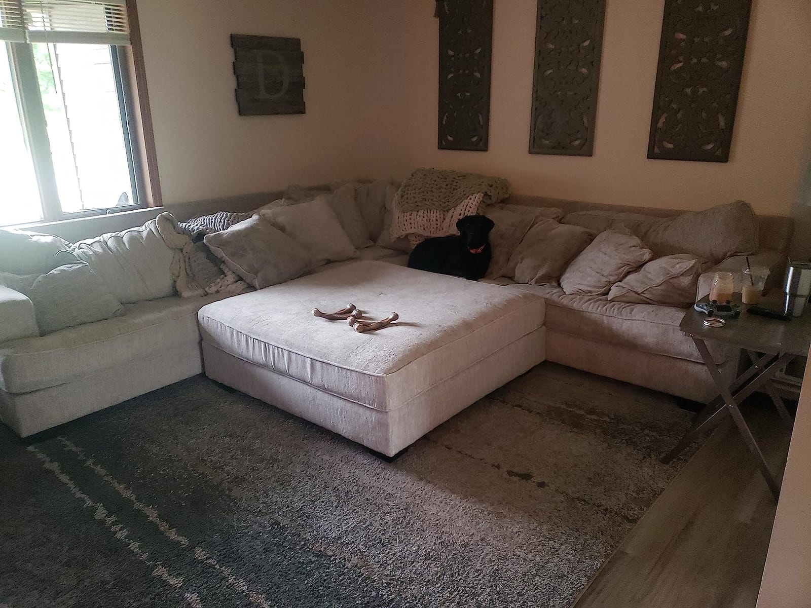 Signature Design by Ashley Oversized Square Ottoman Coffee Table, Beige | Beige chenille ottoman, 100% polyester upholstery, 51-inch dual-purpose footrest, Arrives fully assembled, Rawcliffe Series customer photo 2