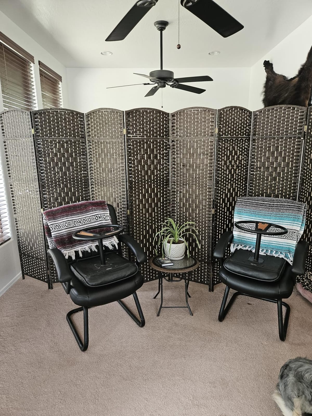 6 Panel Folding Room Divider, Woven Privacy Screen, Light Beige | Solid wood frame, handcrafted diamond pattern, 6FT tall, extends to 94.5 inches wide, no assembly required customer photo 1