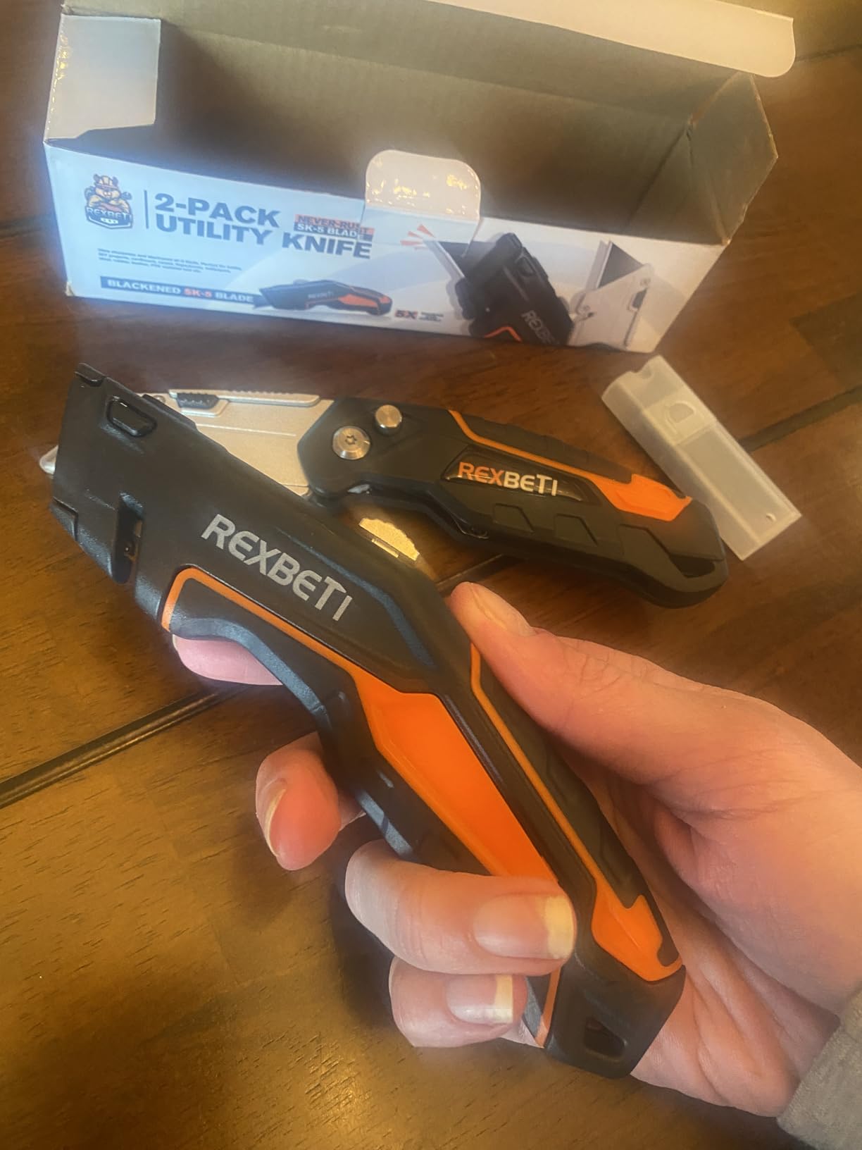 REXBETI Box Cutter 2-Pack, Folding Utility Knife with Push Button, Auto-Lock, SK5 Blades, 18 Blades Total customer photo 1