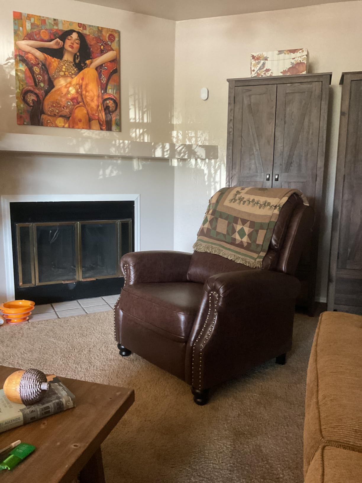 CANMOV Pushback Recliner Chair Faux Leather Armchair Push Back Recliner with Rivet Decoration Single Sofa Accent Chair for Living Room, Chocolate customer photo 1