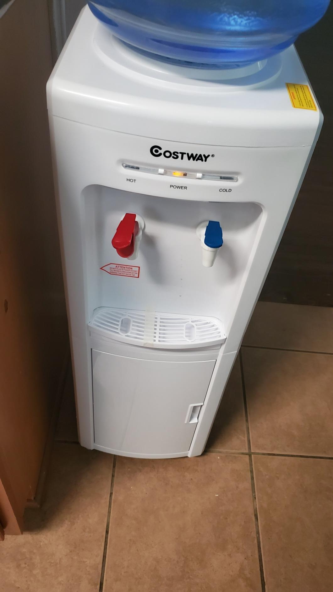 COSTWAY Water Cooler Dispenser for 3-5 Gallon Bottle, Top Loading Hot and Cold Water Dispenser with Storage Cabinet, Child Lock, Water Cooler with Compression Refrigeration Technology, White customer photo 2