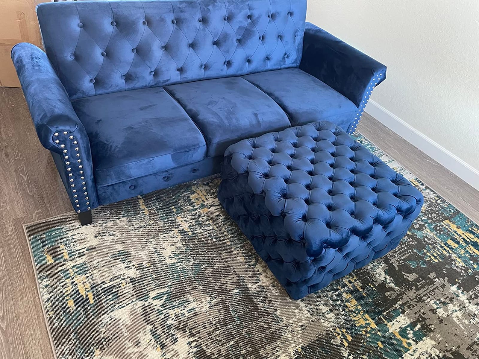 Furinno Bastia Vintage Modern Chesterfield Button Tufted 3-Seater Sofa Couch for Living Room, Navy Velvet customer photo 1