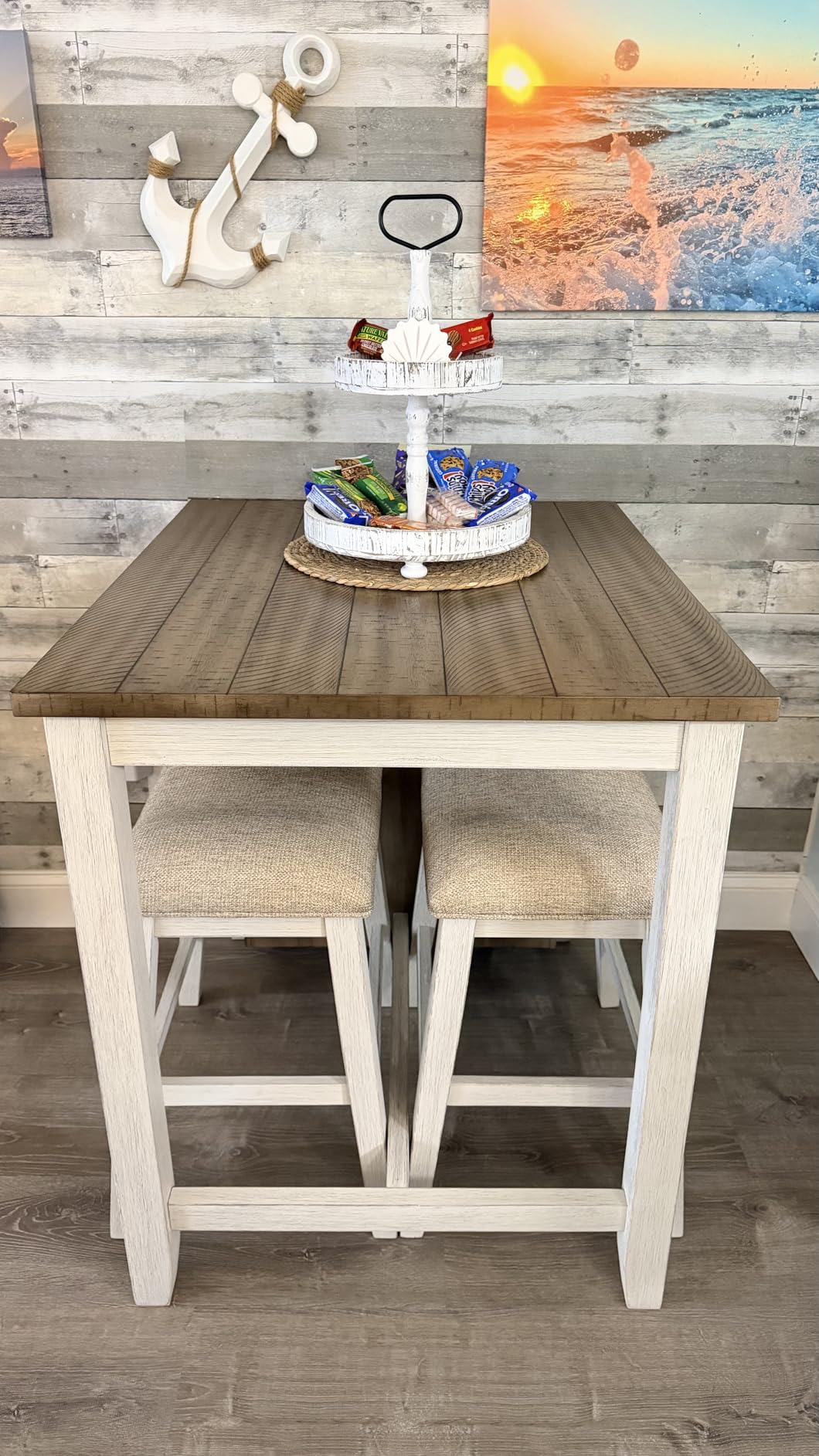 Signature Design by Ashley Skempton 3 Piece Counter Height Dining Table and Bar Stools Set, Built-in Storage, Wood, Acacia Veneer and Engineered Wood, Small Kitchen Table, White/Light Brown customer photo 1