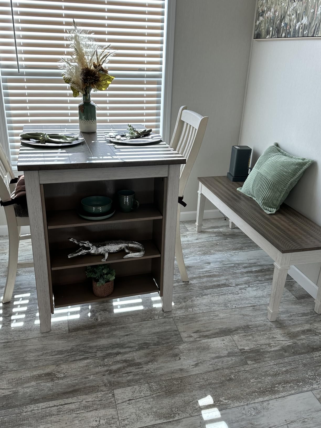 Signature Design by Ashley Skempton 3 Piece Counter Height Dining Table and Bar Stools Set, Built-in Storage, Wood, Acacia Veneer and Engineered Wood, Small Kitchen Table, White/Light Brown customer photo 2