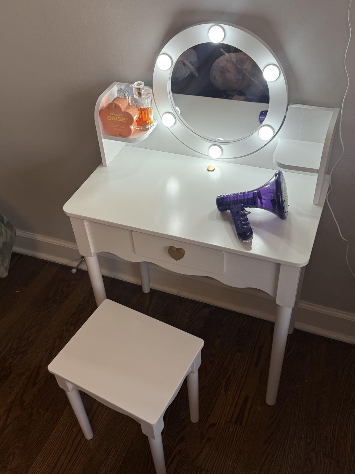 UTEX Pink Crown Princess Kids Vanity Set with Drawer for Little Girls | Wooden Toddler Vanity, Kids Vanity Table and Chair Set, Crown and Star Patterns, Gold Edge Trim, Princess Style customer photo 1