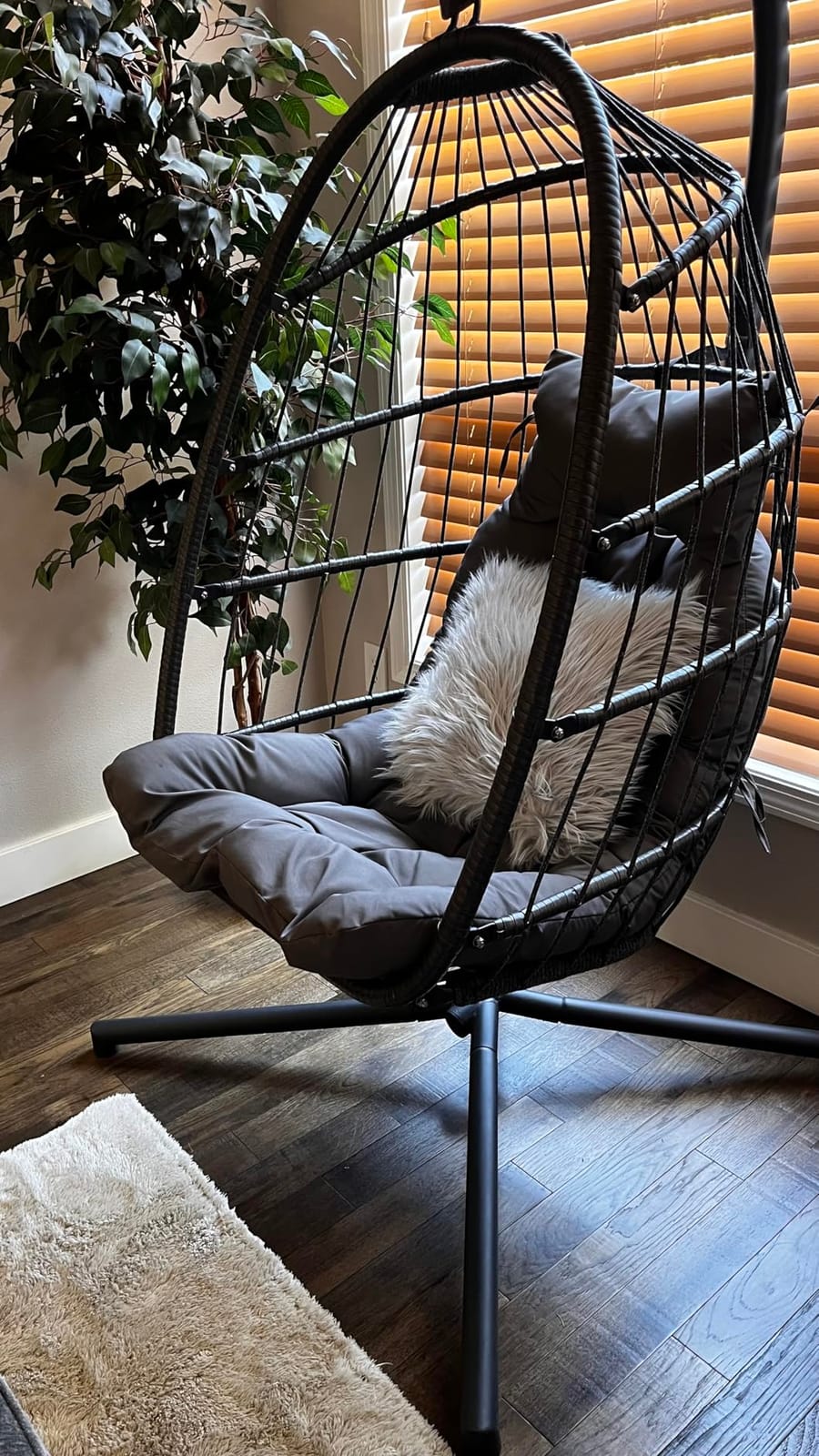 Swing Egg Chair Outdoor Indoor, Patio Wicker Hanging Egg Chairs with Stand, Swinging Hammock with Padded Cushions, 350lbs Sturdy Egg-Shaped Seating for Porch Bedroom Balcony Xmas Gift, Grey customer photo 1