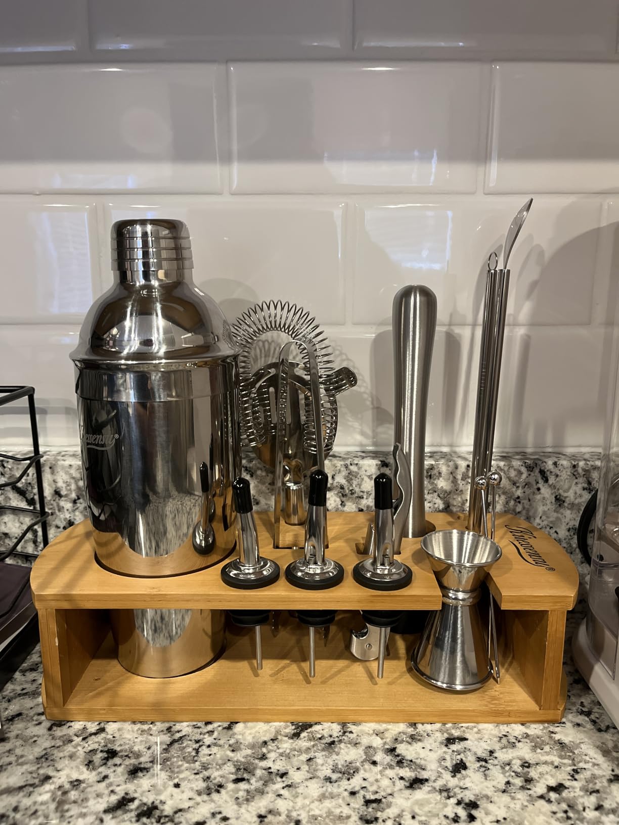 KITESSENSU Cocktail Shaker Set Bartender Kit with Stand | Bar Set Drink Mixer Set with All Essential Accessory Tools: Martini Shaker, Jigger, Strainer, Mixer Spoon, Muddler, Liquor Pourers | Silver customer photo 1