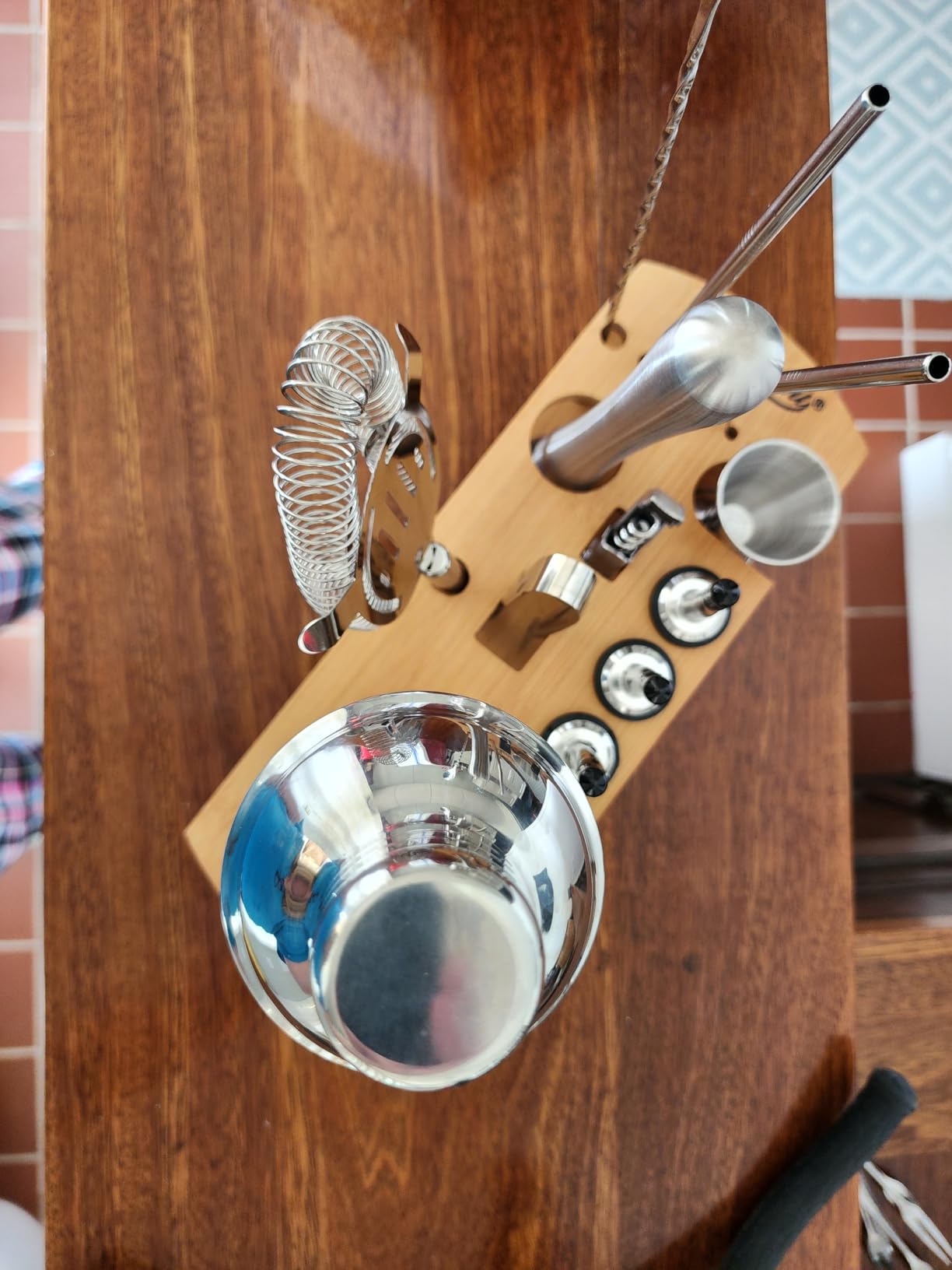 KITESSENSU Cocktail Shaker Set Bartender Kit with Stand | Bar Set Drink Mixer Set with All Essential Accessory Tools: Martini Shaker, Jigger, Strainer, Mixer Spoon, Muddler, Liquor Pourers | Silver customer photo 2