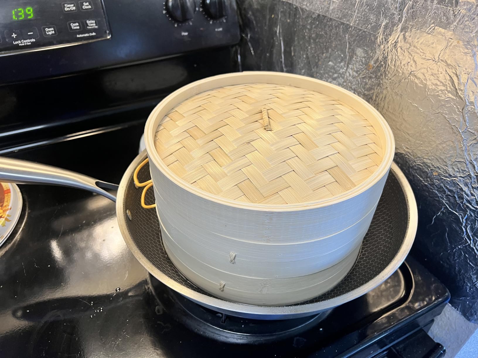 MacaRio 10 Inch Bamboo Steamer Basket Set Dumpling Steamer for Cooking | 2-tier with lid side handles chopsticks ceramic sauce dishes 50 paper liners for dumplings buns vegetables customer photo 1