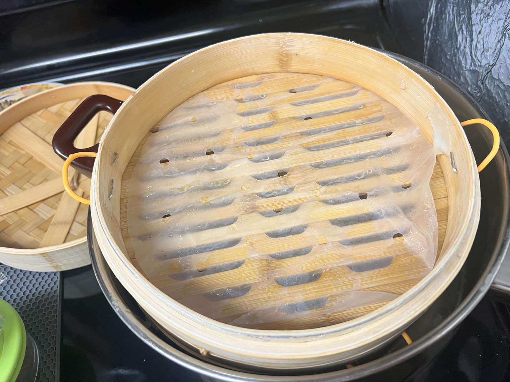 MacaRio 10 Inch Bamboo Steamer Basket Set Dumpling Steamer for Cooking | 2-tier with lid side handles chopsticks ceramic sauce dishes 50 paper liners for dumplings buns vegetables customer photo 2