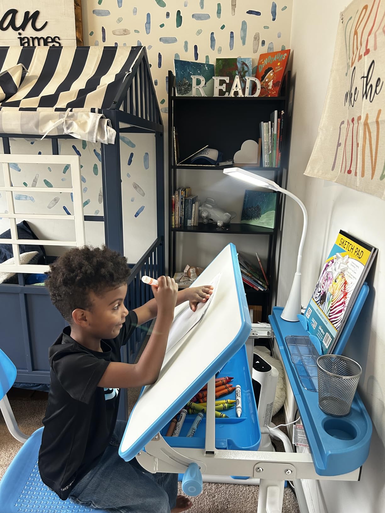 Cantonape Kids Desk and Chair Set Children School Study Desk for Boys Girls | Height Adjustable Desk with Tilt Desktop, Bookstand, LED Lamp, Metal Hook and Storage Drawer customer photo 2