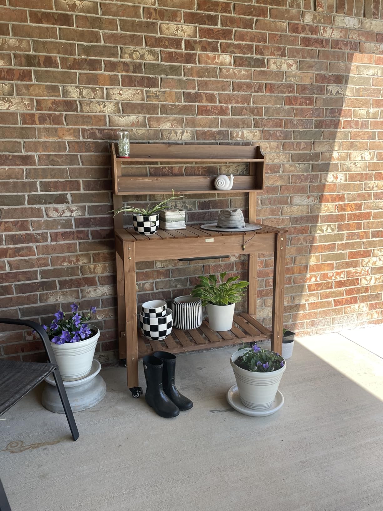 Best Choice Products Mobile Garden Potting Bench, Outdoor Wood Workstation Table w/Sliding Tabletop, 4 Locking Wheels, Food Grade Dry Sink, Storage Shelves - Brown customer photo 1