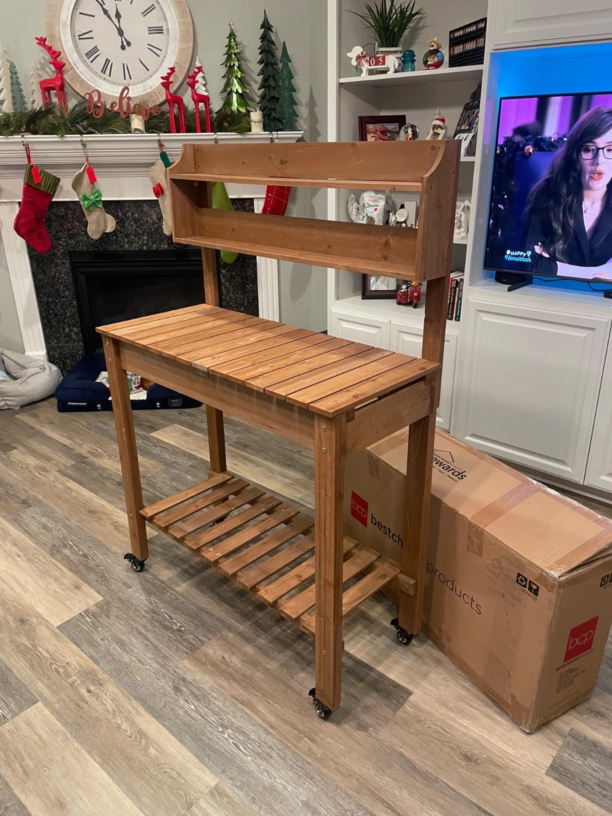 Best Choice Products Mobile Garden Potting Bench, Outdoor Wood Workstation Table w/Sliding Tabletop, 4 Locking Wheels, Food Grade Dry Sink, Storage Shelves - Brown customer photo 2