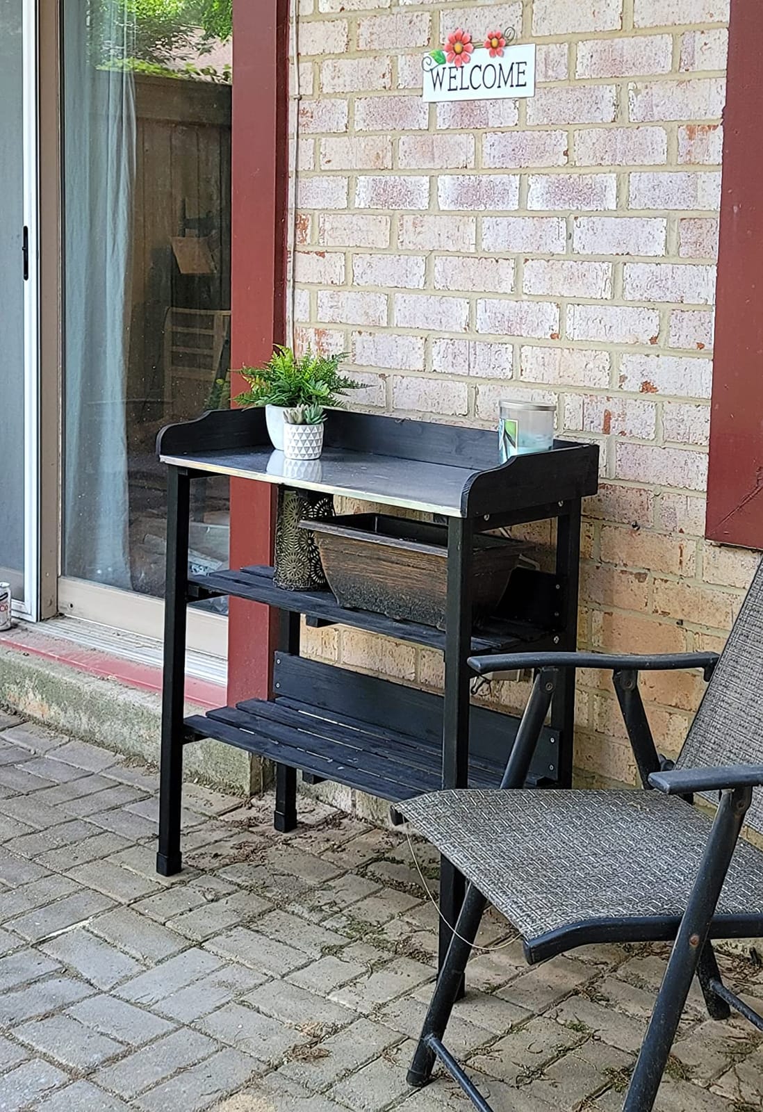 Yaheetech Potting Bench Outdoor Console Table w/3-Tier Storage,Natural Wood | Metal tabletop, 3-tier storage shelves with hooks, outdoor gardening table for planting, potting and organizing garden tools. customer photo 1