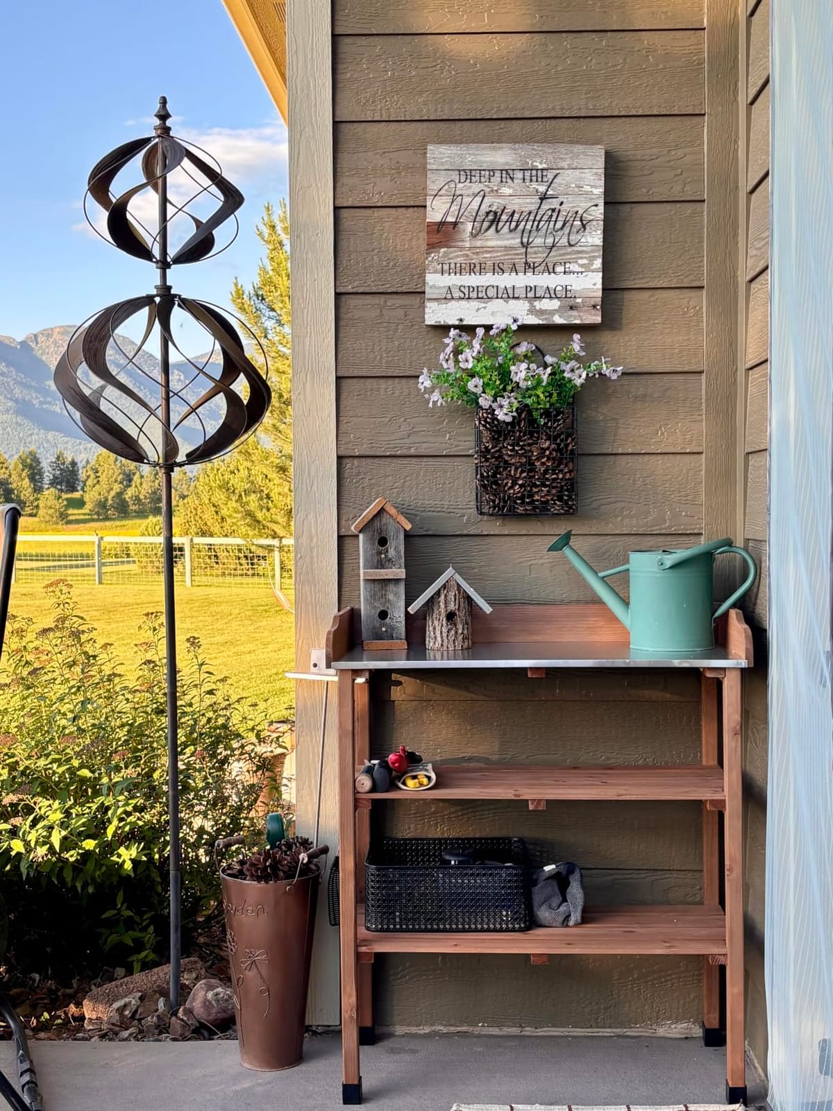Yaheetech Potting Bench Outdoor Console Table w/3-Tier Storage,Natural Wood | Metal tabletop, 3-tier storage shelves with hooks, outdoor gardening table for planting, potting and organizing garden tools. customer photo 2