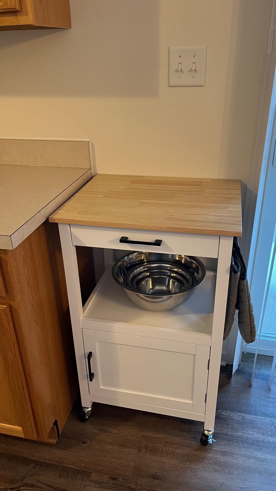 Yaheetech Rolling Kitchen Island Cart with Storage, 2 Tier, Wood Top, White, Small Kitchen Island on Lockable Wheels, Microwave Cart with Drawer, 6 Hooks, Cabinet for Dining/Living Room/Kitchen Bar customer photo 2