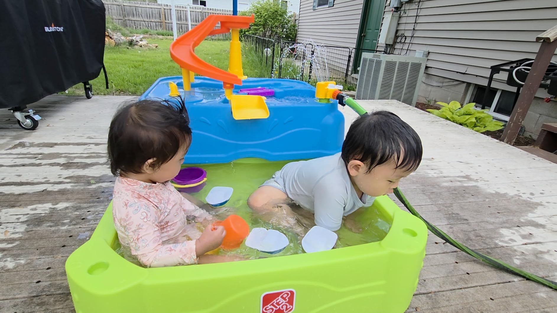 Step2 Waterpark Wonders Two Tier Water Table, Kids Water Activity Sensory Playset with Umbrella, Garden Hose Sprinkler Attachment, 11 Piece Accessories, Outdoor Summer Toy, Ages 18 Months+, Blue customer photo 1