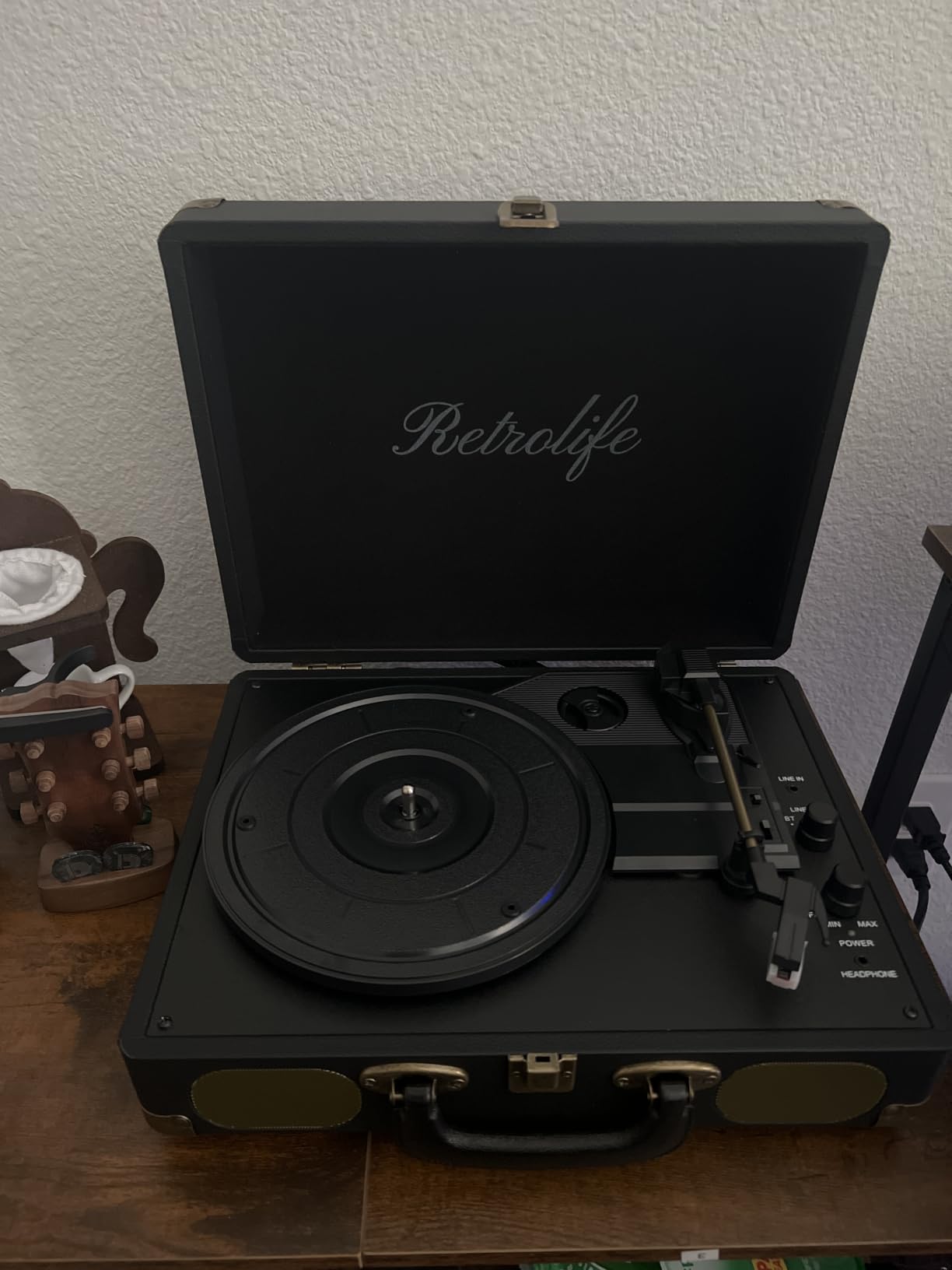 Retrolife Vinyl Record Player with Speakers, Bluetooth Vinyl Player-Black | Portable, 3-Speed BT Turntable, Belt-Driven, RCA Line Out & Headphone Jack, Auto Stop, Plays 7/10/12 inch Records, 33/45/78 RPM customer photo 1