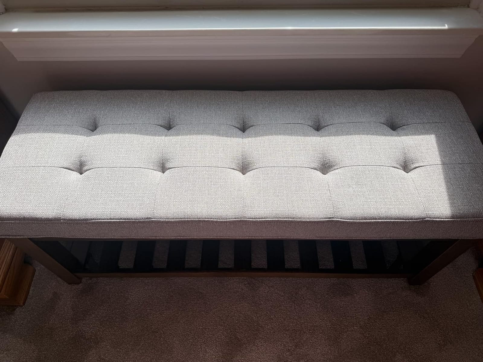 24KF Large Rectangular Upholstered Tufted Linen Fabric Ottoman Bench, Padded Bench with Solid Wood Shelf customer photo 1