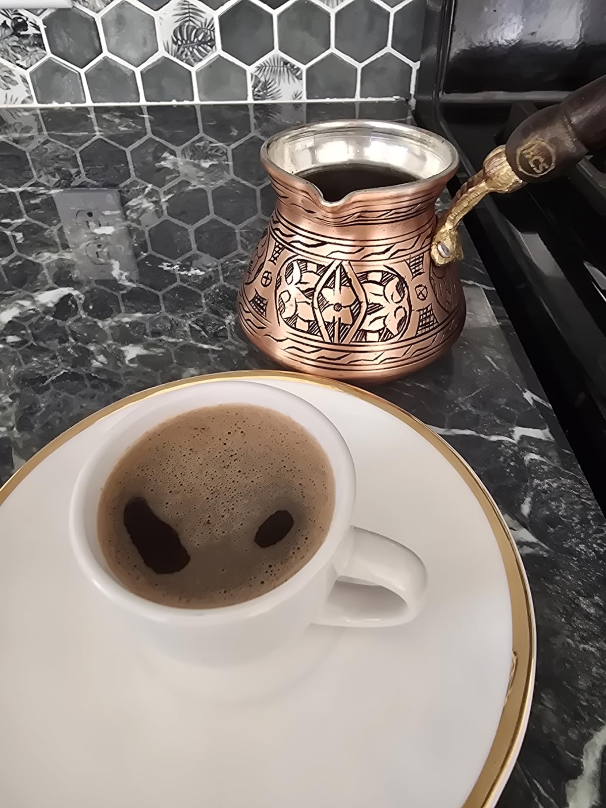 BCS 12 oz Handmade Copper Turkish Coffee Pot, Hand-Engraved Cezve & Spoon | Greek/Arabic Coffee Maker Briki/ibrik | Made in Turkey | Tin Lined | Gas & Electric Stovetops; Not Induction | Wooden Spoon customer photo 2