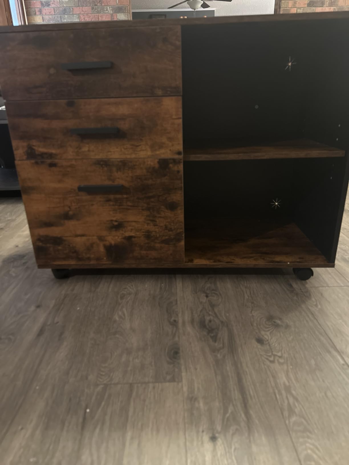 DEVAISE 3-Drawer Mobile File Cabinet, Lateral Filing Cabinet, Rustic Brown | Wood, Rolling Printer Stand, Under Desk Storage, Open Shelves, Fits Letter & A4 File, Home Office customer photo 2