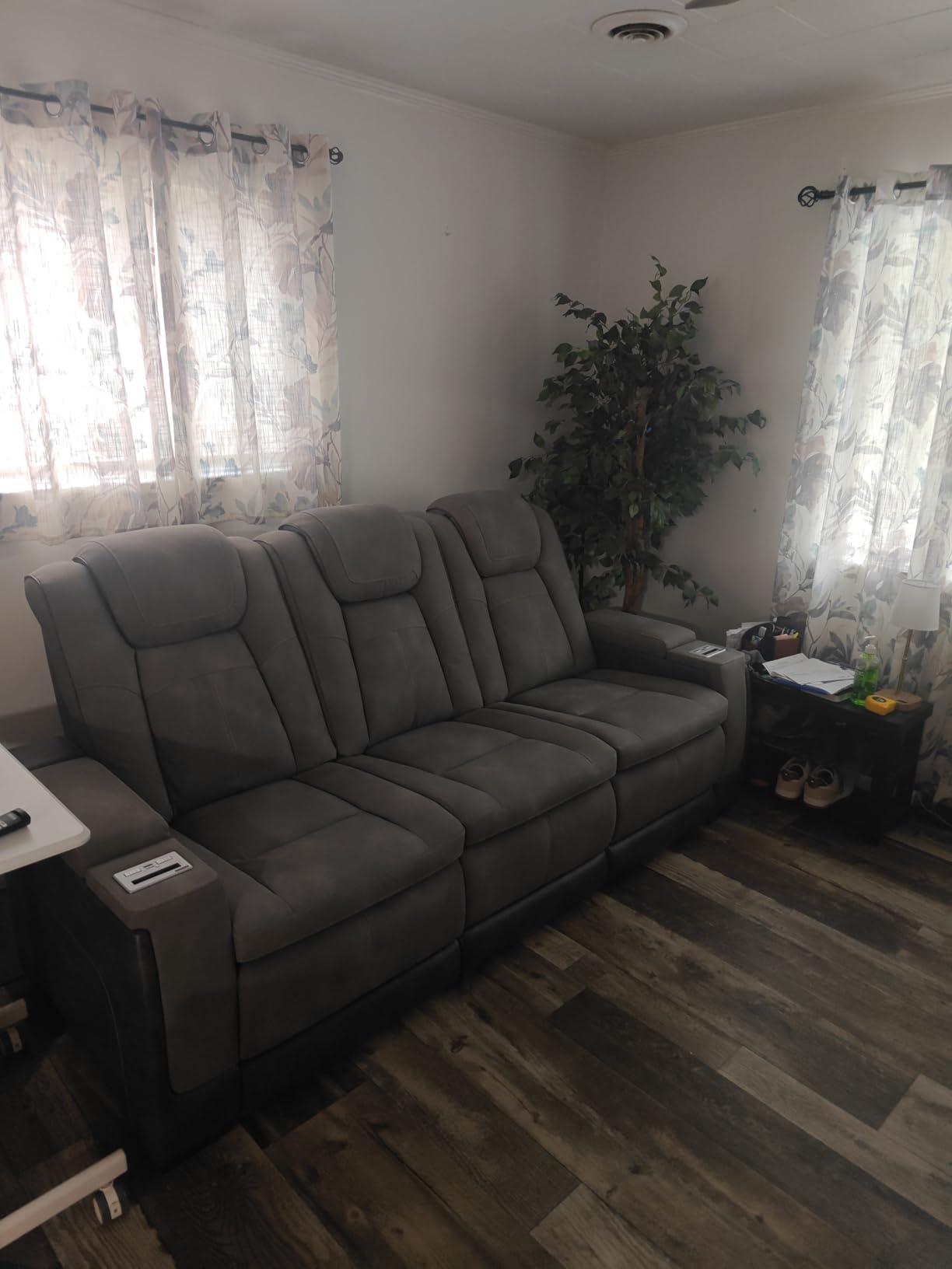 Signature Design by Ashley Faux Leather Power Reclining Sofa, Slate | 15-minute assembly, Zero gravity reclining couch, Drop-down table, Wireless charging, Power headrest, Next-Gen series customer photo 1