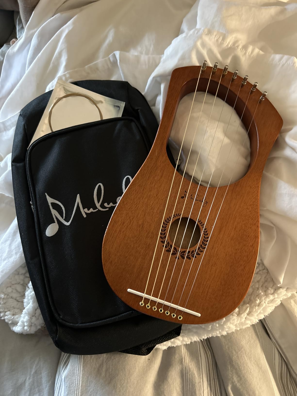 Mulucky 7 String Mahogany Lyre Harp MLH701, Metal Strings Bone Saddle Kit | 7-String Lyre Harp: Premium mahogany body with metal steel strings and a bone saddle. Kit includes wrench and gig bag. customer photo 1
