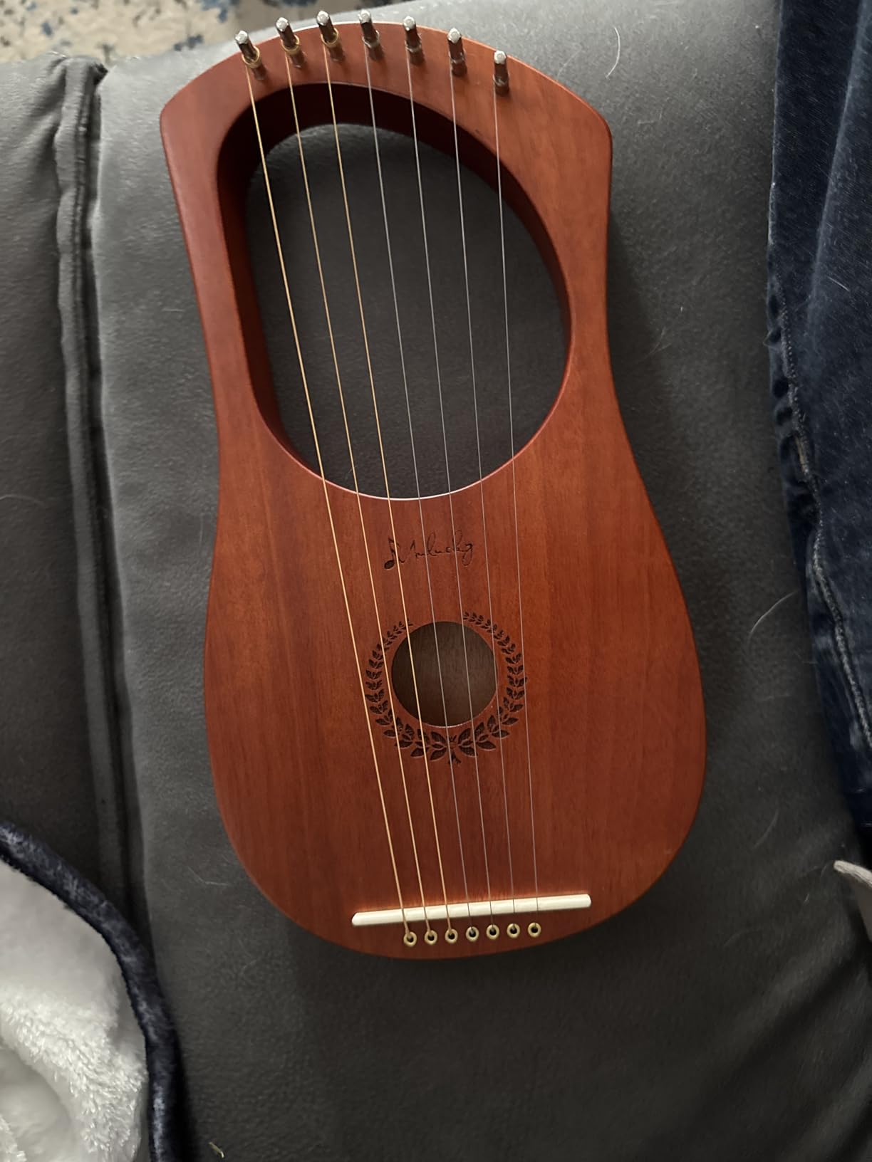 Mulucky 7 String Mahogany Lyre Harp MLH701, Metal Strings Bone Saddle Kit | 7-String Lyre Harp: Premium mahogany body with metal steel strings and a bone saddle. Kit includes wrench and gig bag. customer photo 2