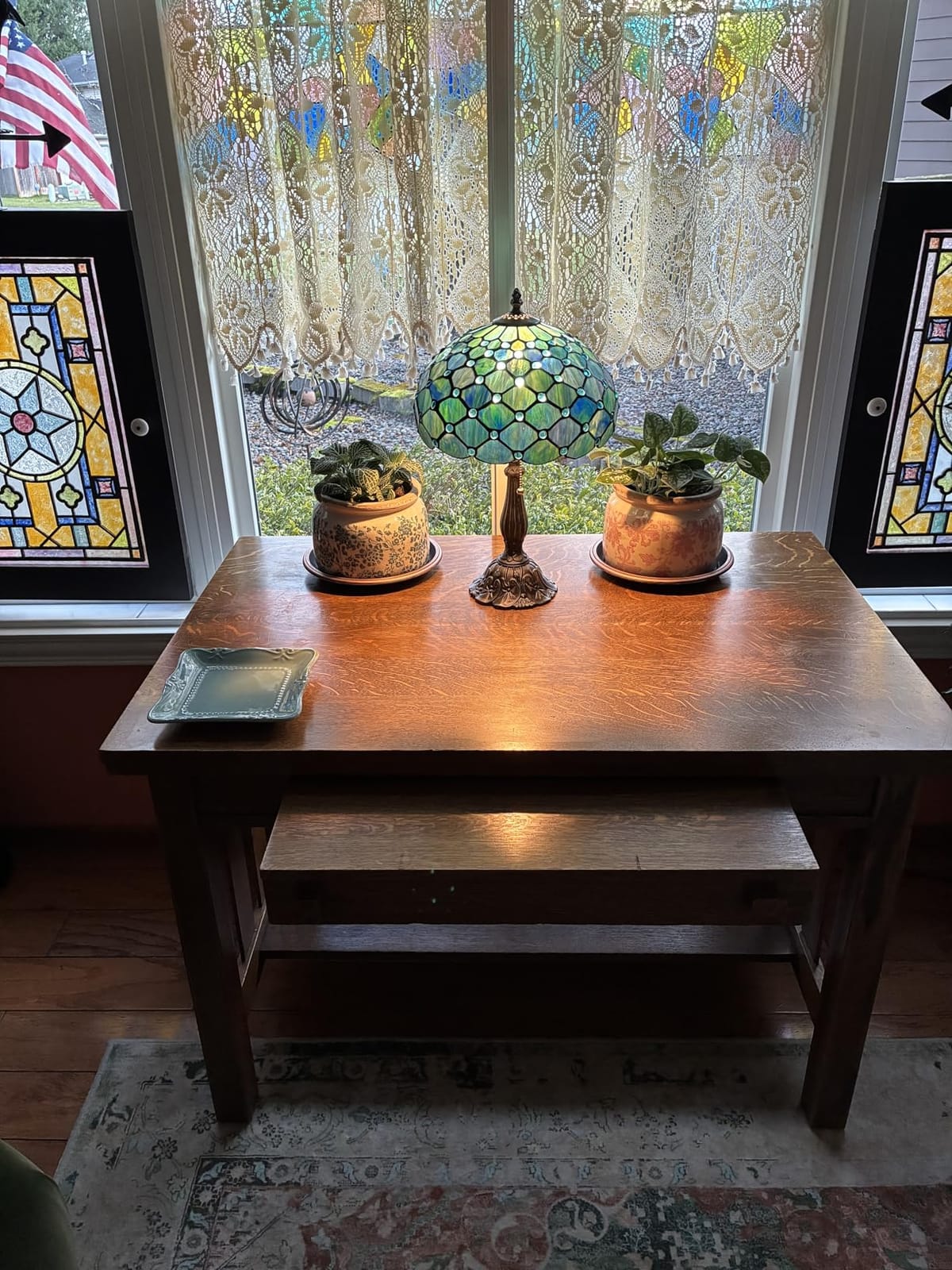 Tiffany Table Lamp Stained Glass 12X12X19 Inch Sea Blue Pear | Antique Reading Light customer photo 2